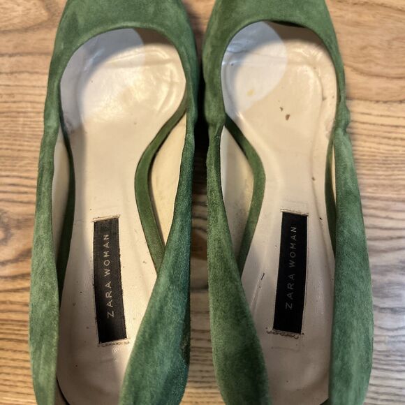 Zara Woman Peep Toe Green Suede Wood Heel Shoes‎ - Size EU 39, US 8 - Picture 6 of 7